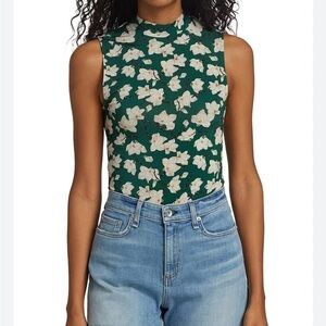 Rag and Bone Sabeen Floral Mockneck Sleeveless Top Green Stretch Slim Fit Sz XS